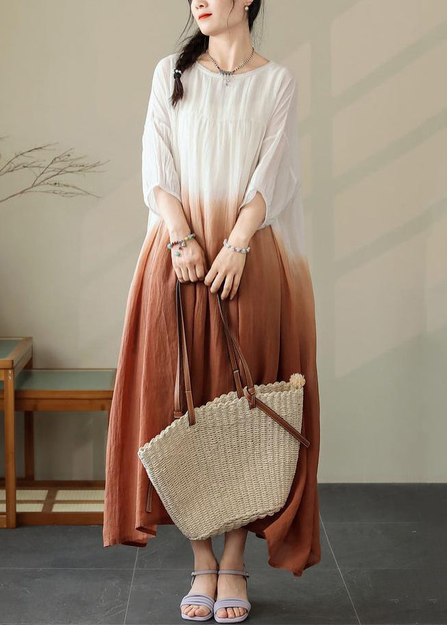 Half Brown Color Dress Cotton Pockets Sleeve Gradient Loose
