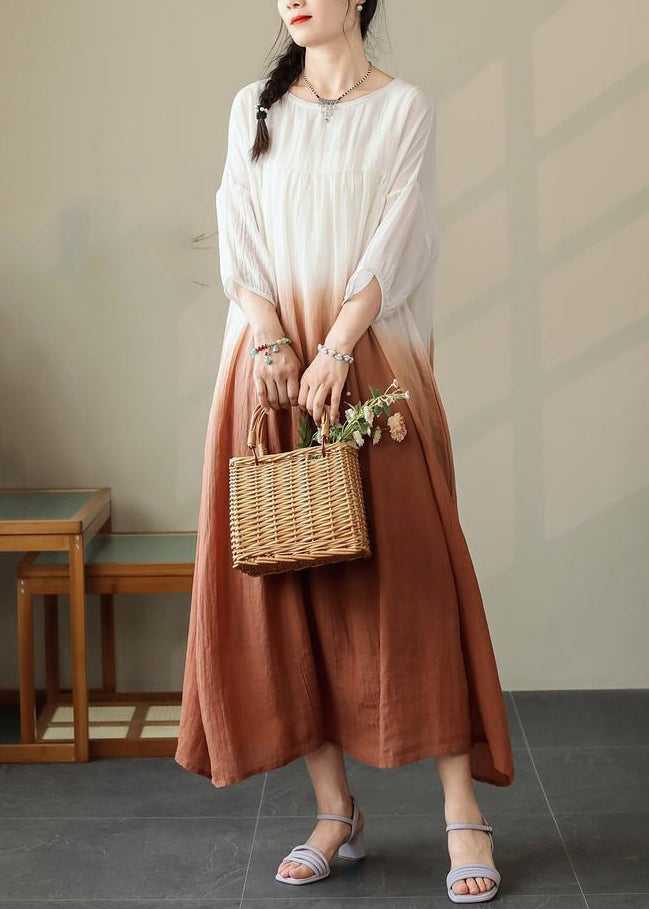 Half Brown Color Dress Cotton Pockets Sleeve Gradient Loose