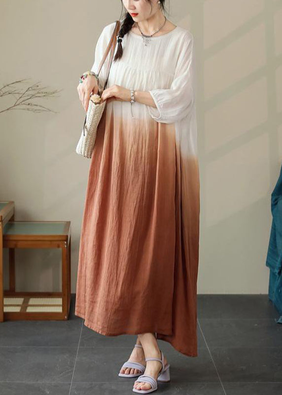 Half Brown Color Dress Cotton Pockets Sleeve Gradient Loose