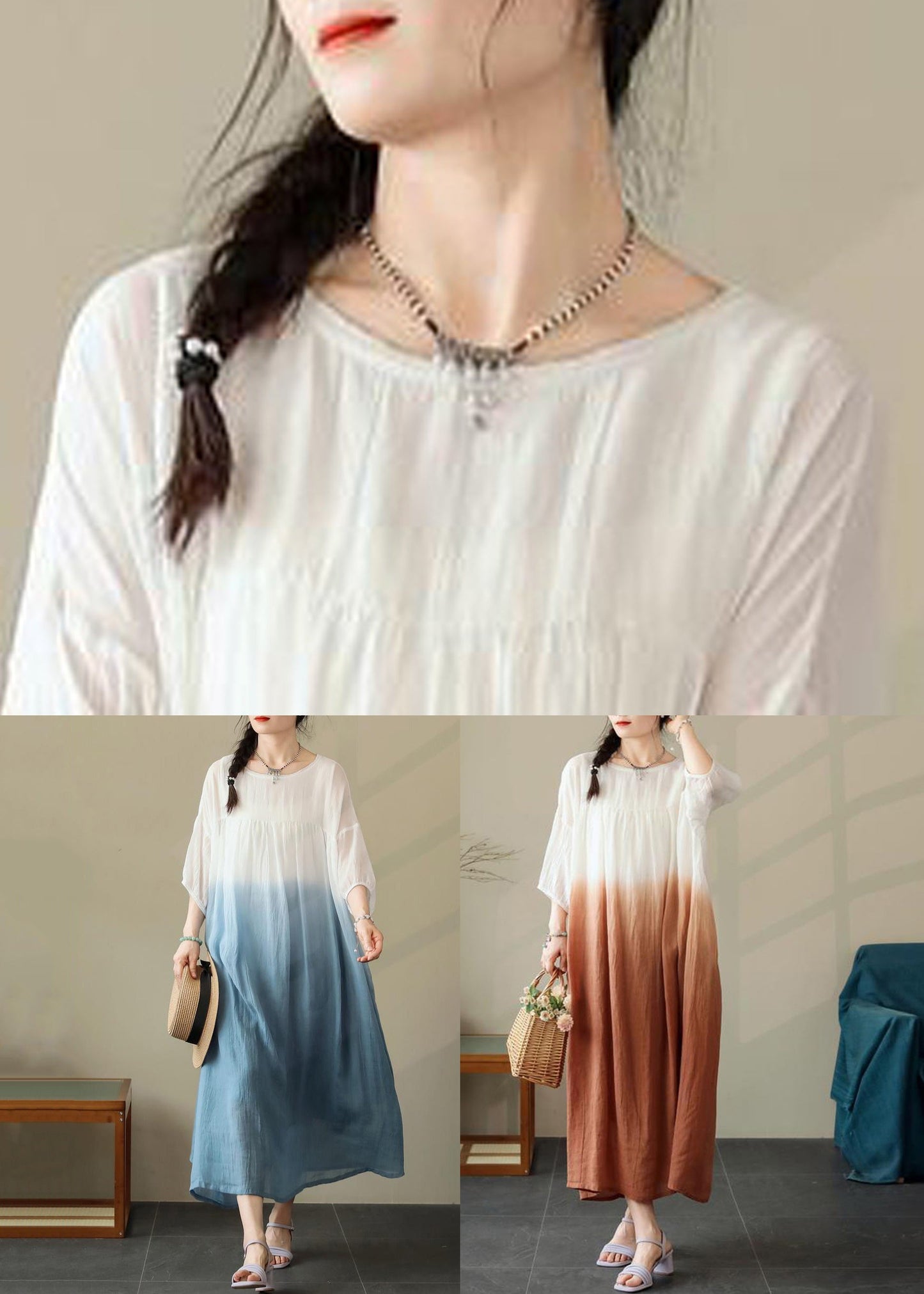 Half Brown Color Dress Cotton Pockets Sleeve Gradient Loose