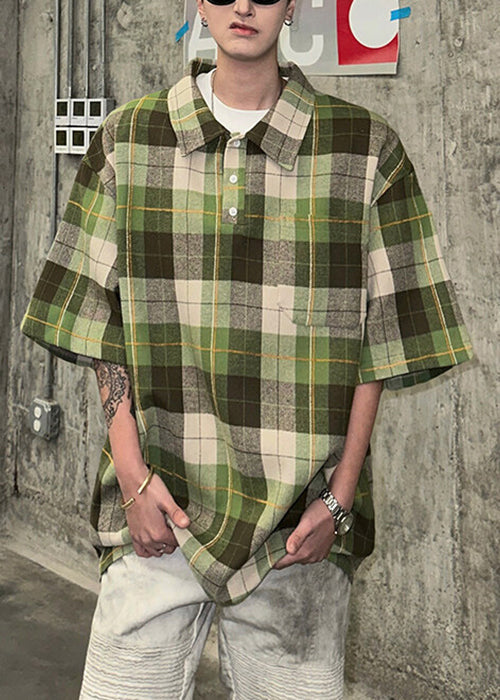Sleeve Coffee Cotton Shirts Loose Pullover Men Button Half Plaid