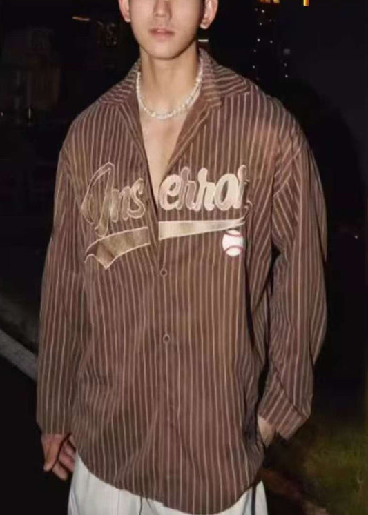 Spring Coffee Loose Letter Cotton Striped Men Shirts