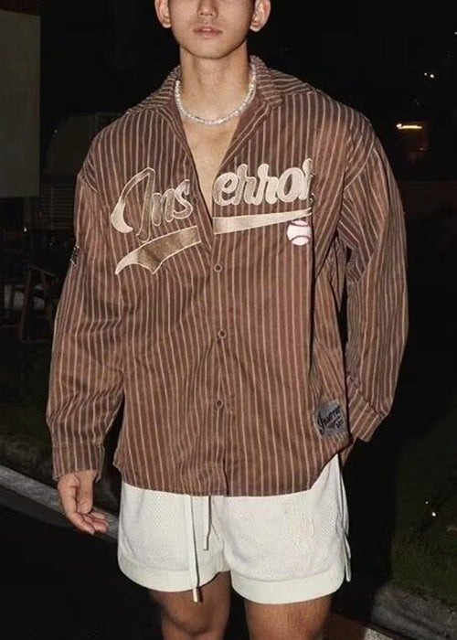 Spring Coffee Loose Letter Cotton Striped Men Shirts