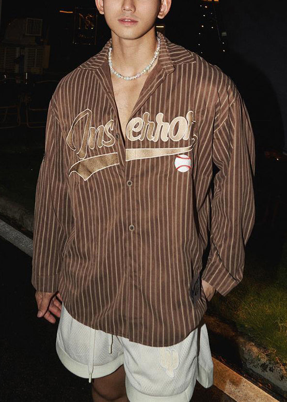 Spring Coffee Loose Letter Cotton Striped Men Shirts
