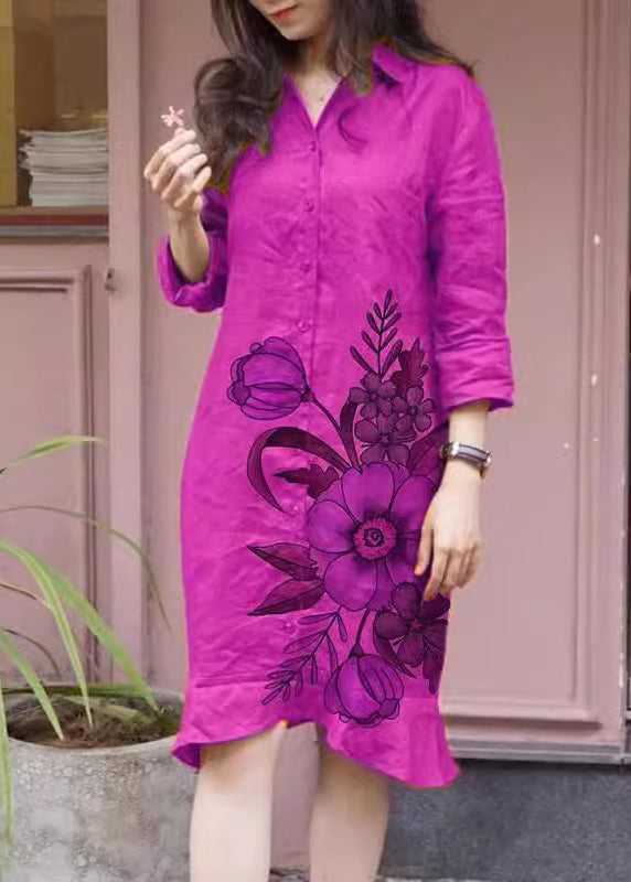 Peter Long Loose Fall Collar Shirts Print Dress Button Pan Green