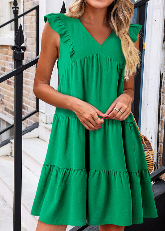 Summe Loose Green Patchwork Mid Solid Neck V Dresses