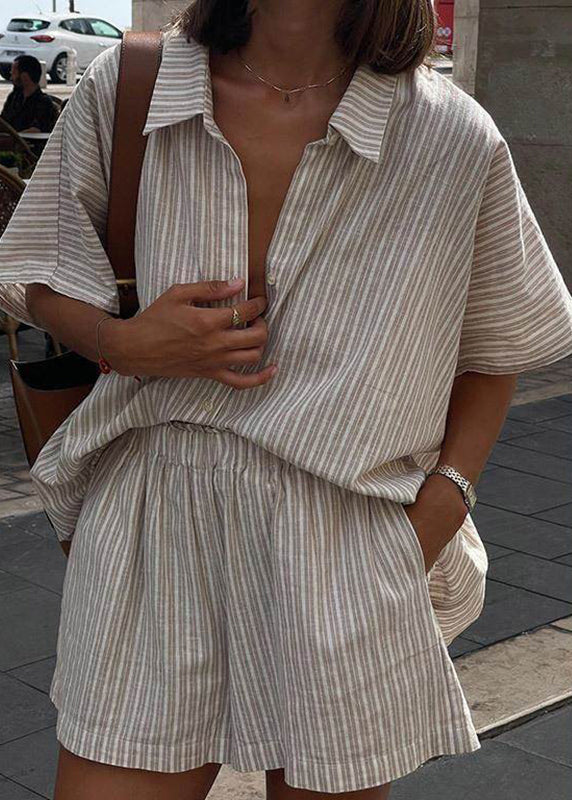 Two Sleeve Khaki Loose Pieces Peter Striped Shorts Set Collar And Pan Short Shirts
