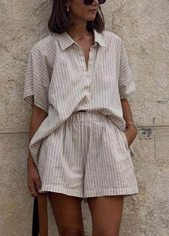 Two Sleeve Khaki Loose Pieces Peter Striped Shorts Set Collar And Pan Short Shirts