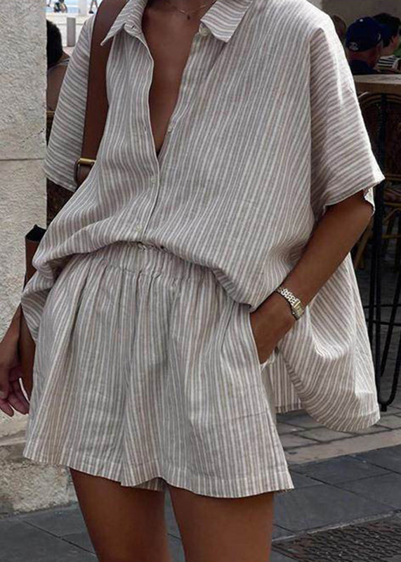 Two Sleeve Khaki Loose Pieces Peter Striped Shorts Set Collar And Pan Short Shirts