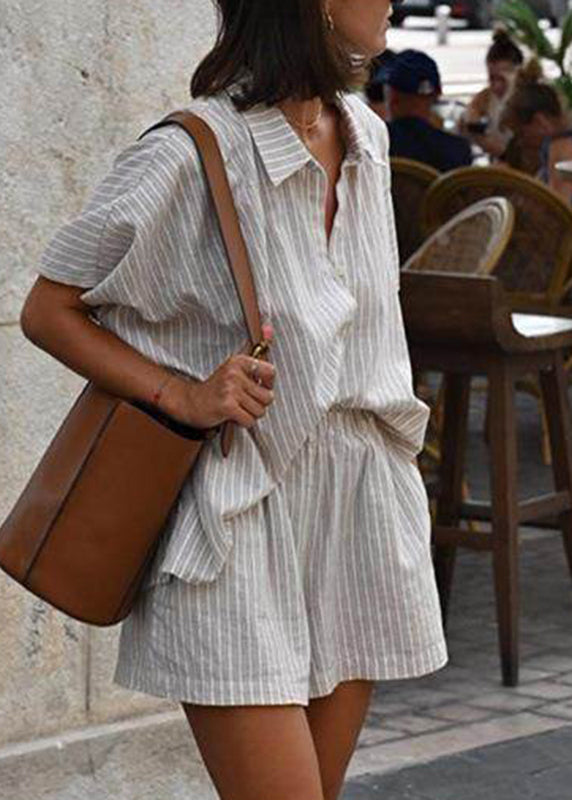 Two Sleeve Khaki Loose Pieces Peter Striped Shorts Set Collar And Pan Short Shirts
