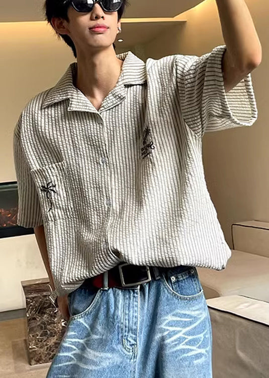 Cotton Mens Summer Peter Striped Collar Pockets Pan Loose Shirts