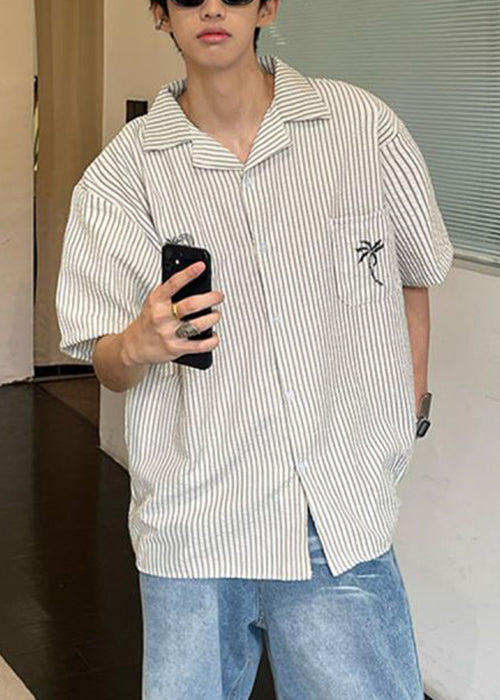 Cotton Mens Summer Peter Striped Collar Pockets Pan Loose Shirts