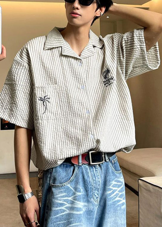 Cotton Mens Summer Peter Striped Collar Pockets Pan Loose Shirts