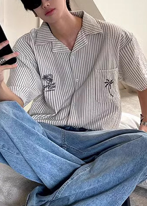 Cotton Mens Summer Peter Striped Collar Pockets Pan Loose Shirts