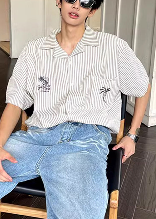 Cotton Mens Summer Peter Striped Collar Pockets Pan Loose Shirts