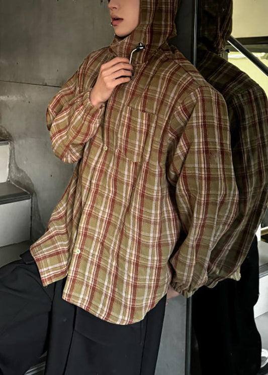 Hooded Plaid Shirts Yellow Cotton Men Loose Spring