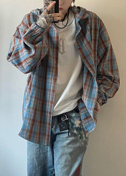 Hooded Plaid Shirts Yellow Cotton Men Loose Spring