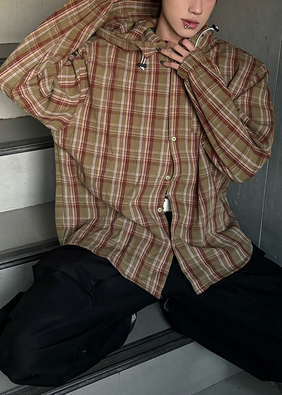 Hooded Plaid Shirts Yellow Cotton Men Loose Spring