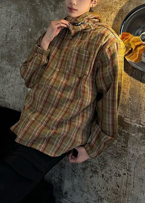 Hooded Plaid Shirts Yellow Cotton Men Loose Spring
