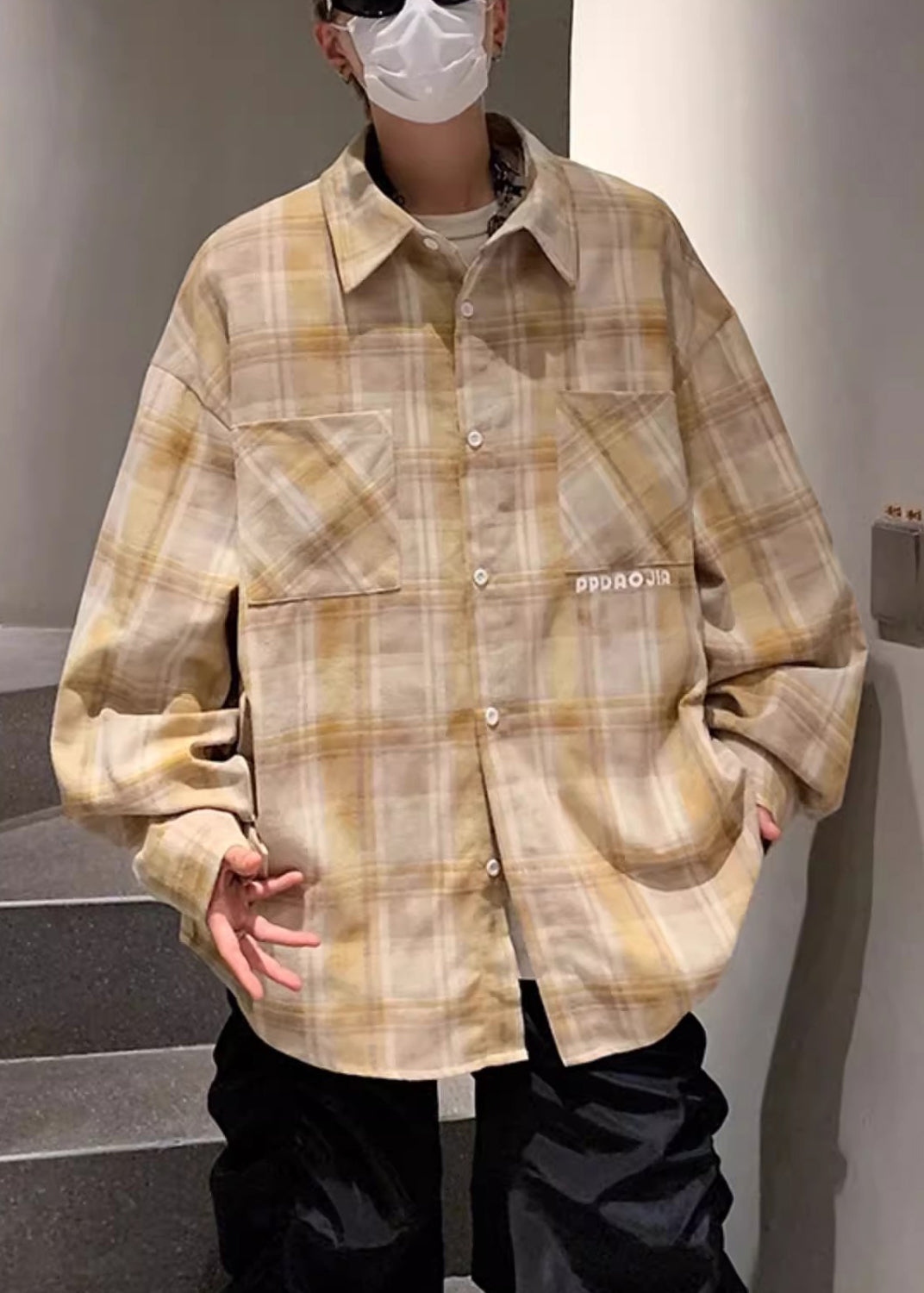Shirt Pan Yellow Men Spring Collar Pockets Loose Plaid Peter Cotton