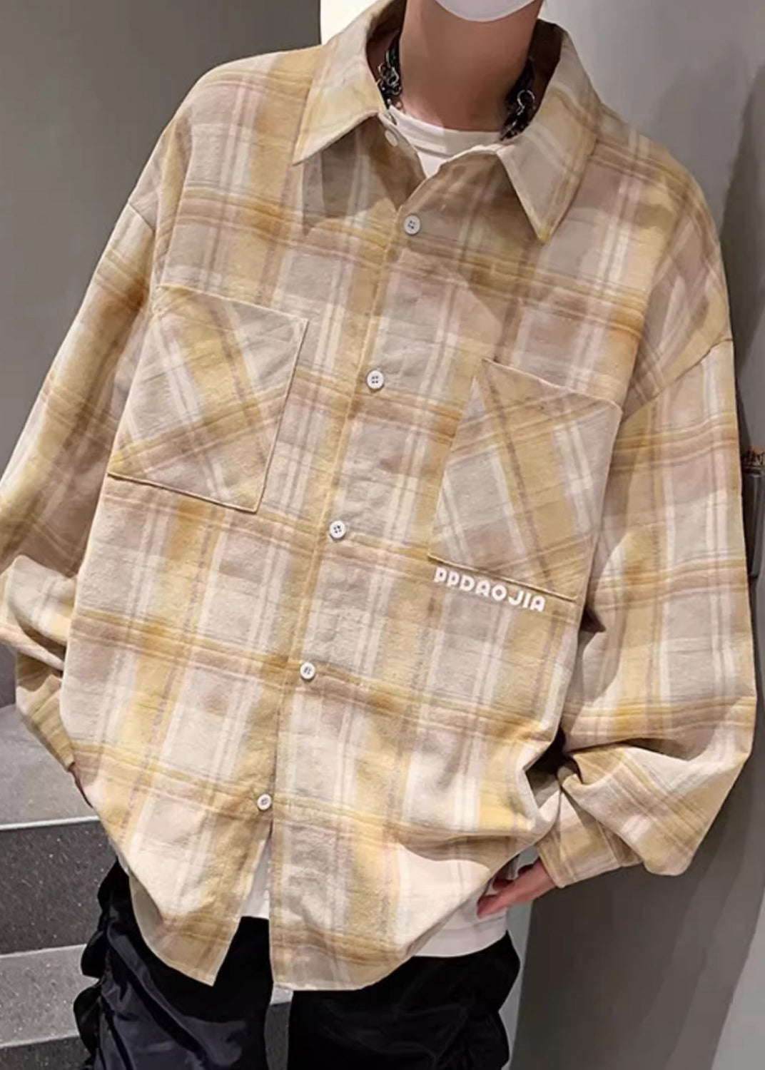 Shirt Pan Yellow Men Spring Collar Pockets Loose Plaid Peter Cotton