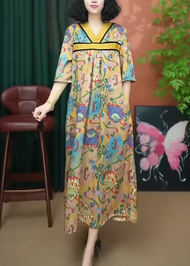 Neck Dresses Summer Print Yellow V Loose Long Cotton