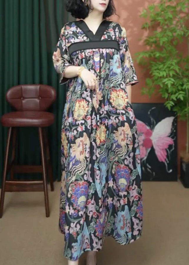 Neck Dresses Summer Print Yellow V Loose Long Cotton