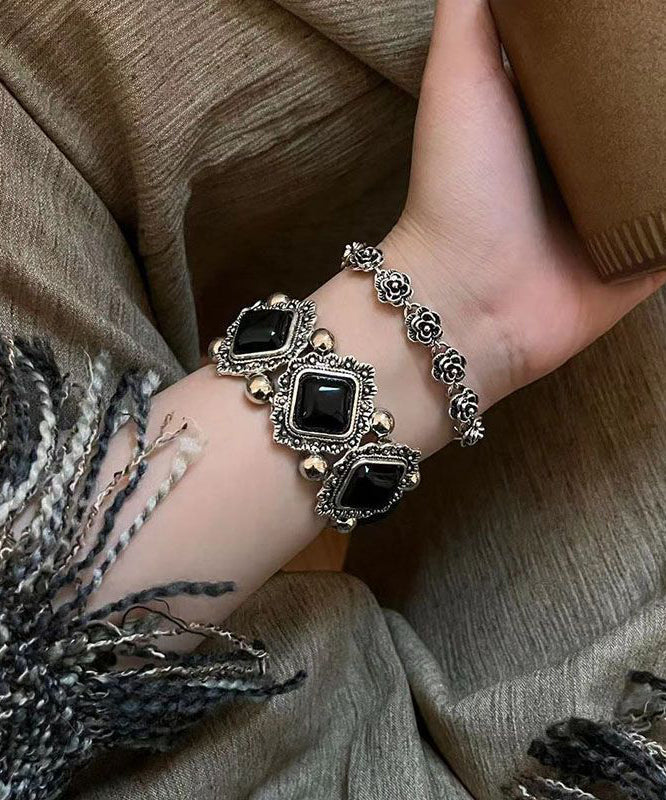 Chain Floral Bracelet Silver Two-Piece Set Modern Gem Stone Sterling Black