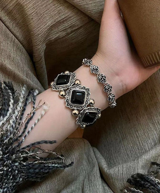 Chain Floral Bracelet Silver Two-Piece Set Modern Gem Stone Sterling Black