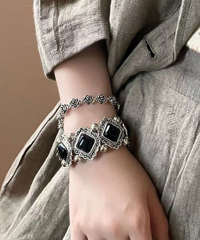 Chain Floral Bracelet Silver Two-Piece Set Modern Gem Stone Sterling Black