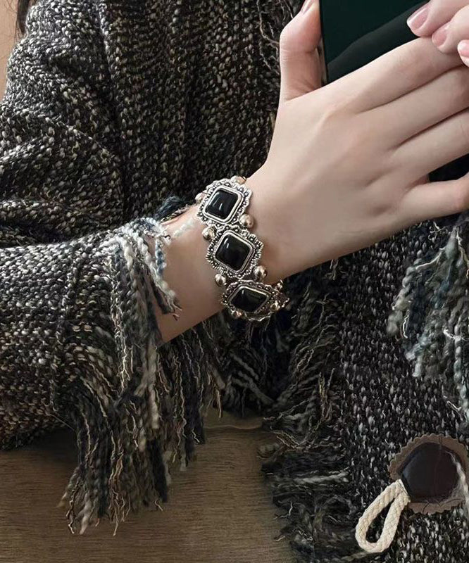 Chain Floral Bracelet Silver Two-Piece Set Modern Gem Stone Sterling Black