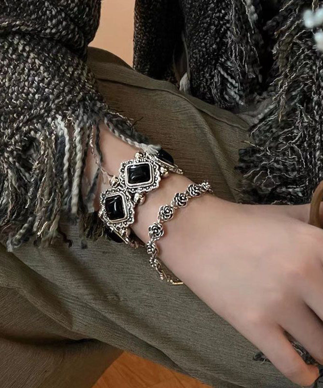 Chain Floral Bracelet Silver Two-Piece Set Modern Gem Stone Sterling Black