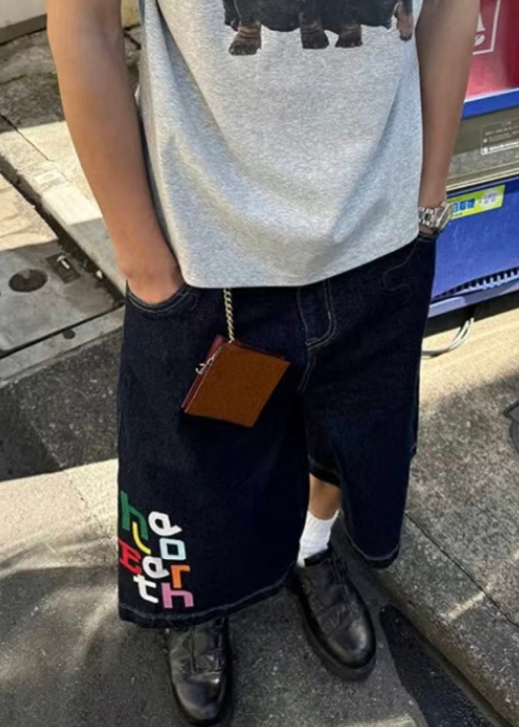 Summer Letter Mens High Crop Modern Pants Waist Blue Denim