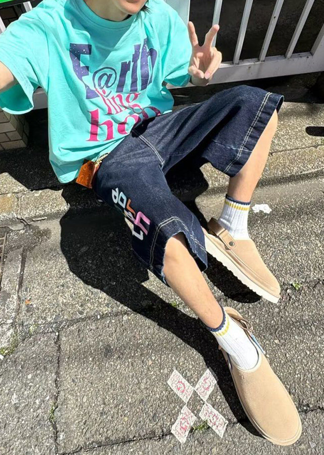 Summer Letter Mens High Crop Modern Pants Waist Blue Denim