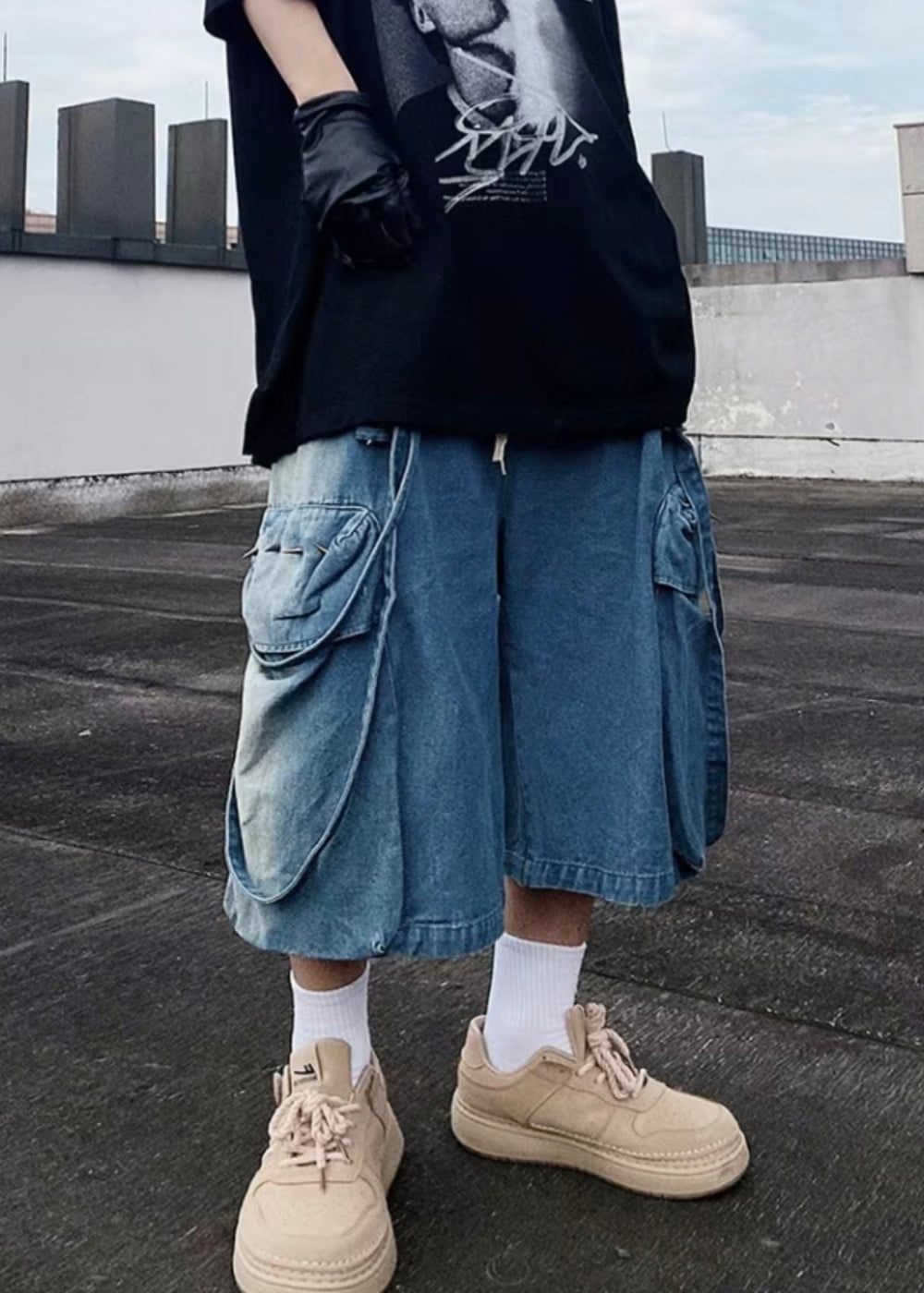 Mens Summer Shorts Blue Pockets Oversized Modern Denim