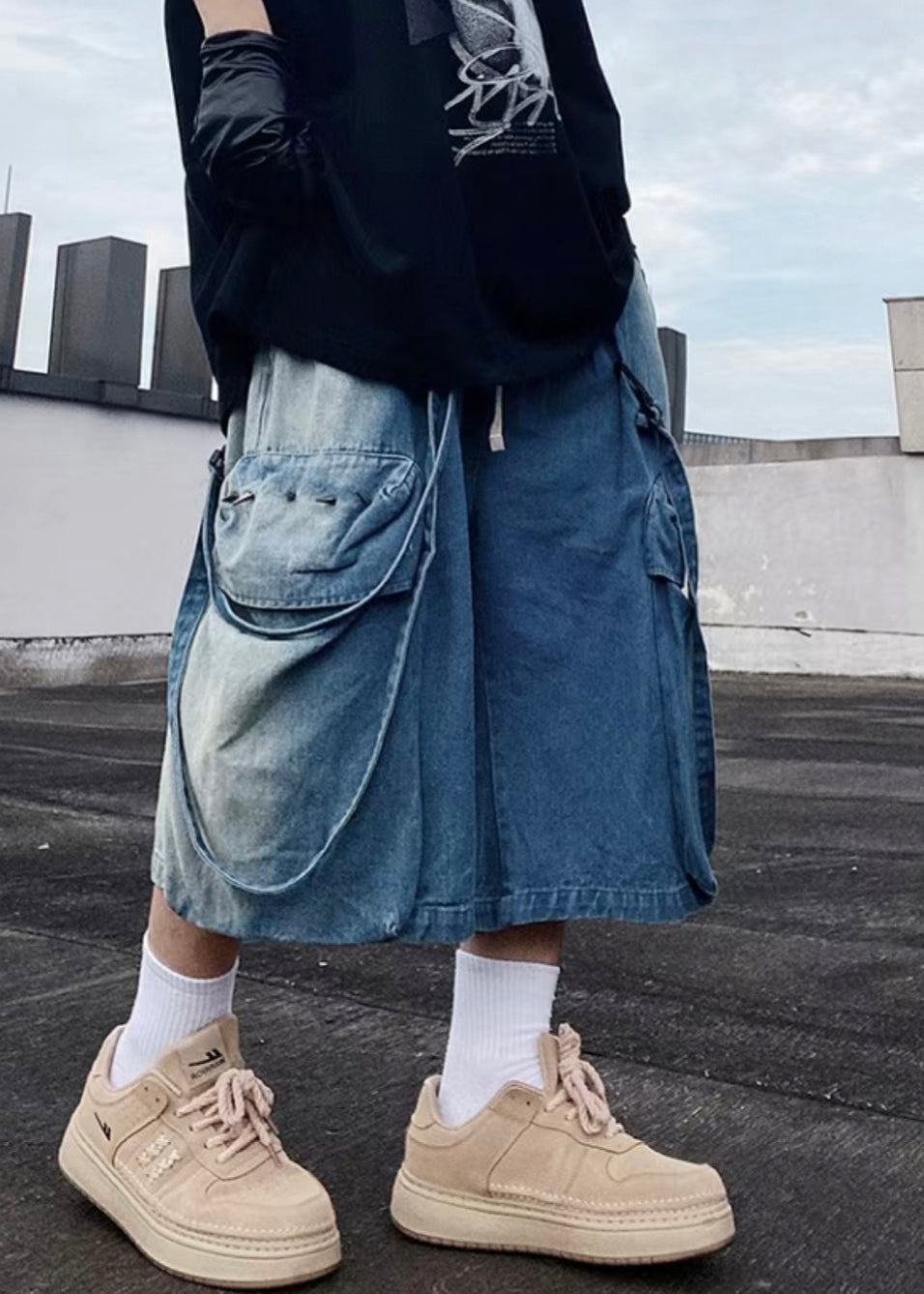 Mens Summer Shorts Blue Pockets Oversized Modern Denim