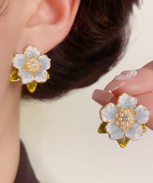 Zircon Camellia Modern Pearl Silver Blue Sterling Earrings Stud Overgild