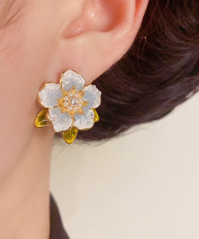 Zircon Camellia Modern Pearl Silver Blue Sterling Earrings Stud Overgild