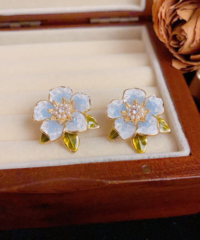Zircon Camellia Modern Pearl Silver Blue Sterling Earrings Stud Overgild