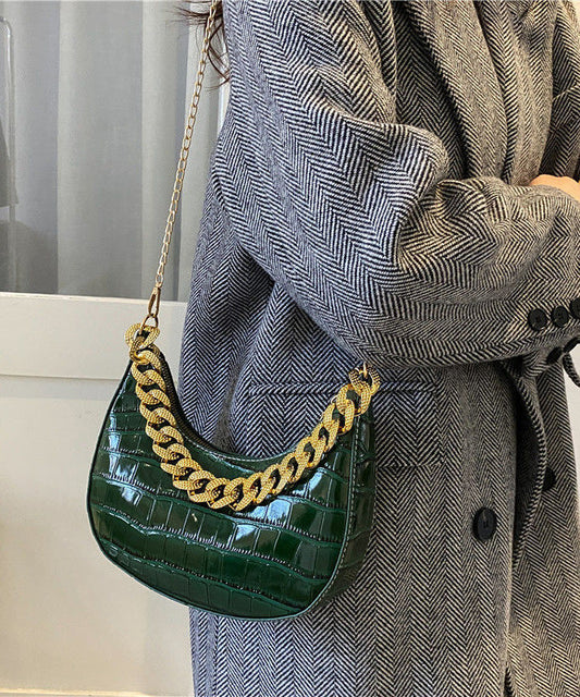 Linked Chain Green Leather Bags Shoulder Faux Modern
