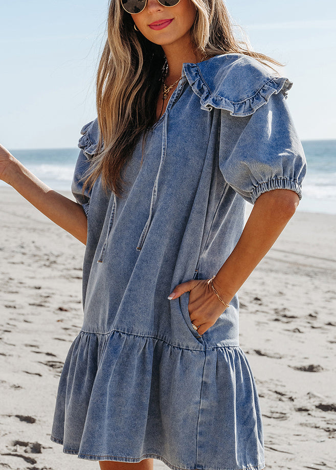 Natural Mid Dresses Collar Patchwork Summer Blue Denim Sailor