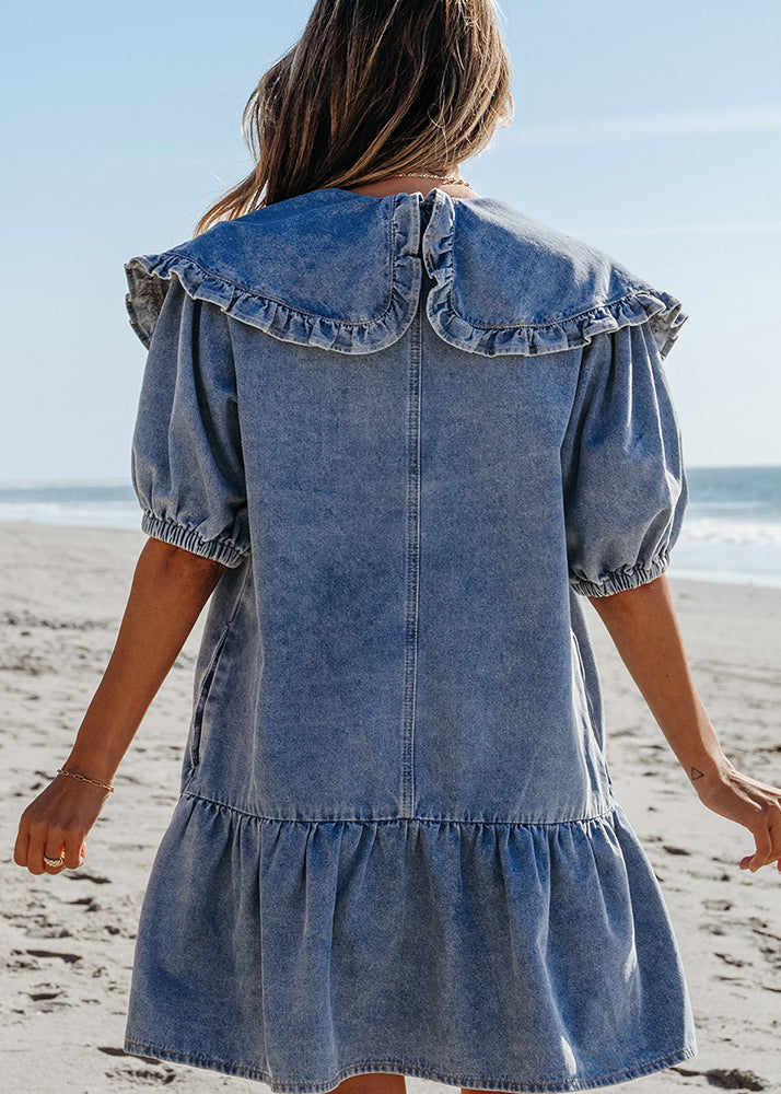Natural Mid Dresses Collar Patchwork Summer Blue Denim Sailor