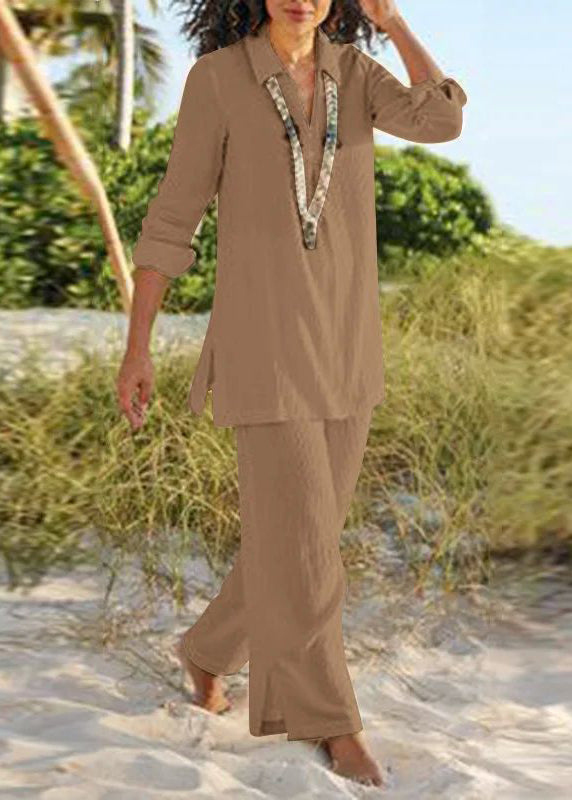 Two Natural Peter Leg Wide Collar Pants Shirt And Pan Khaki