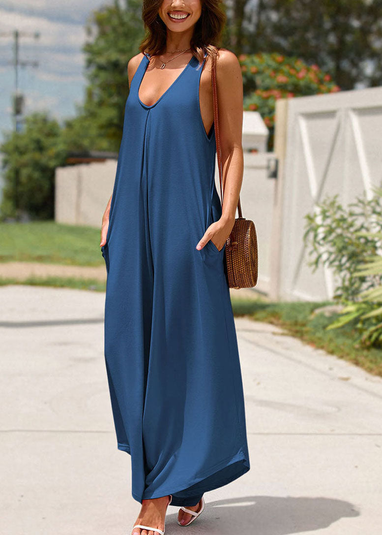 Spaghetti Solid Sleeveless Navy Pockets Strap Long
