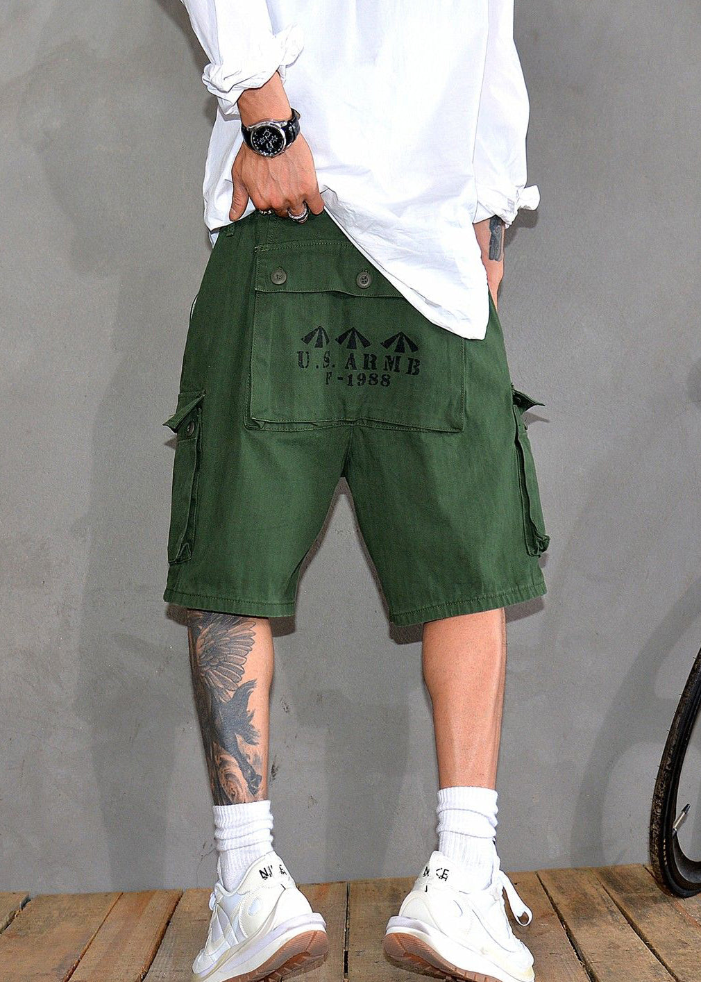 New Print Shorts Green Summer High Cotton Men Waist Army Pockets
