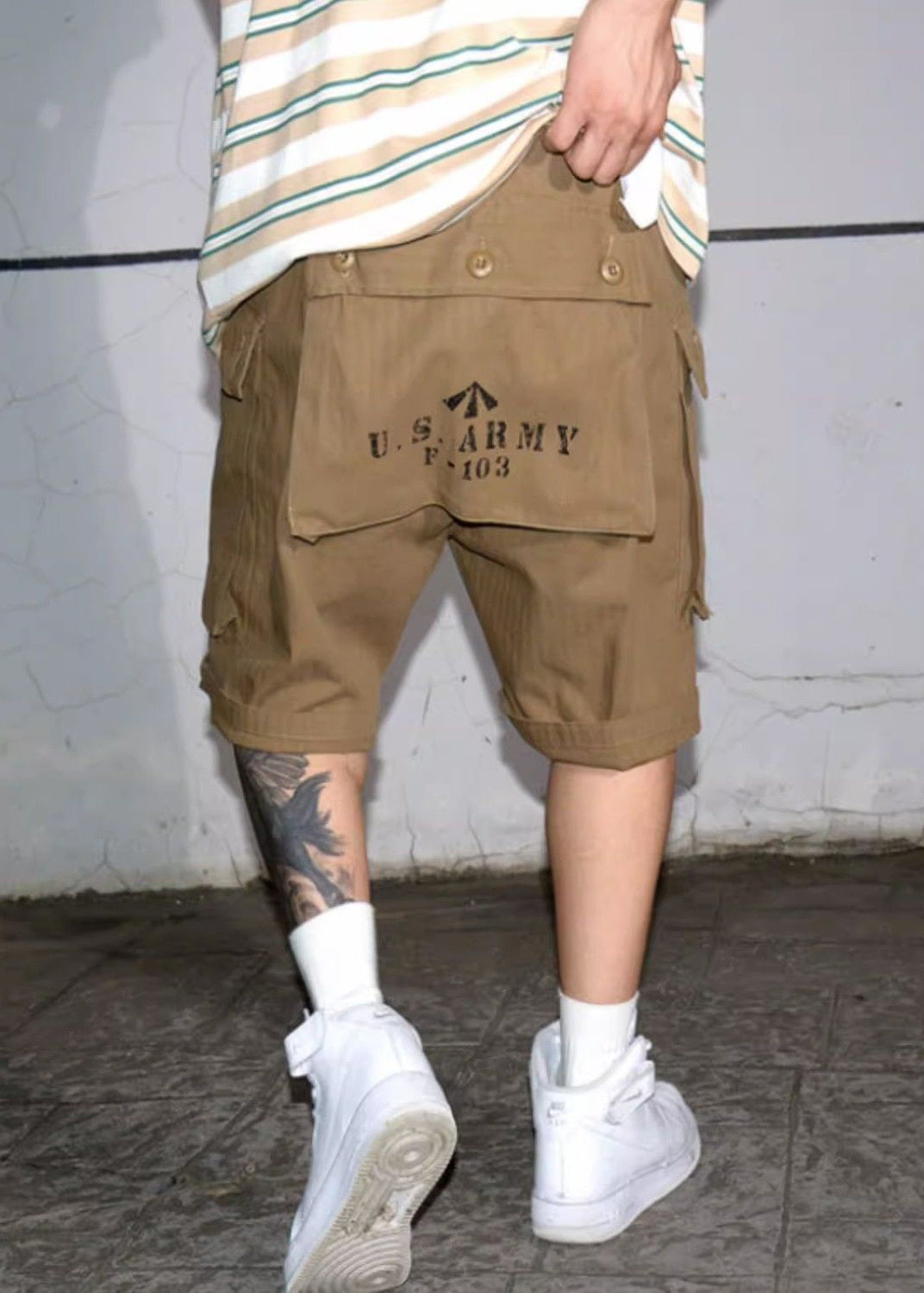 New Print Shorts Green Summer High Cotton Men Waist Army Pockets