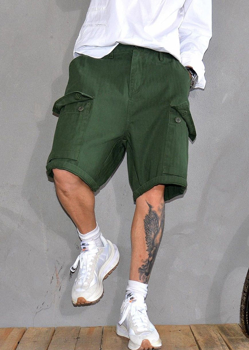 New Print Shorts Green Summer High Cotton Men Waist Army Pockets