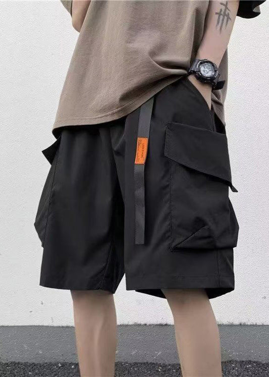 Summer Black Elastic Shorts Cotton Mens Waist New Pockets