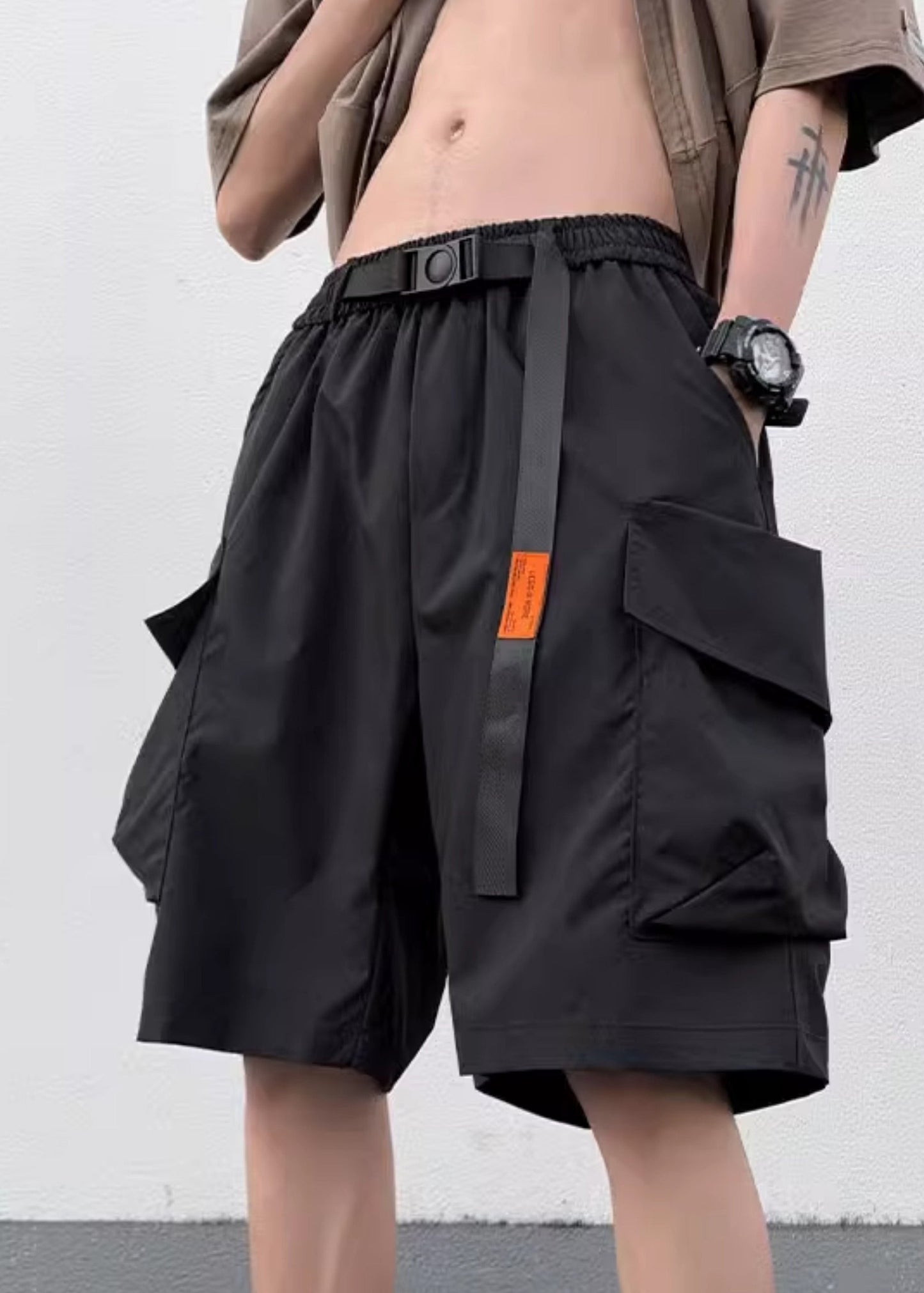 Summer Black Elastic Shorts Cotton Mens Waist New Pockets