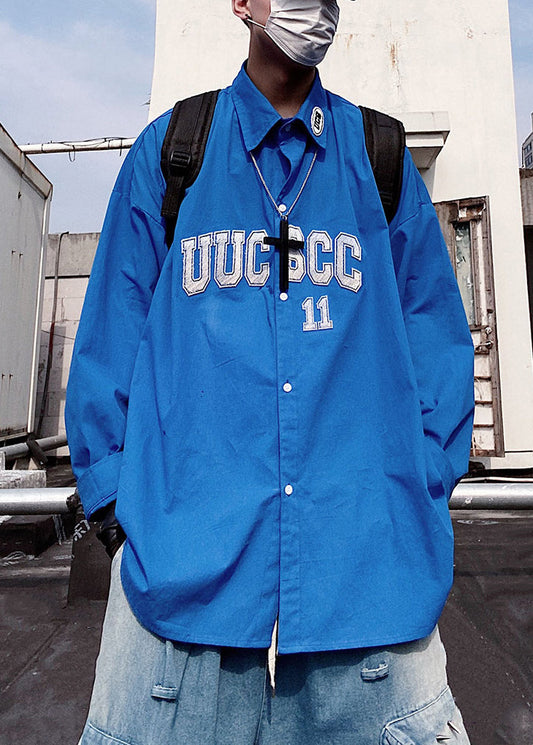 Shirts Button New Blue Spring Letter Oversized Cotton Mens